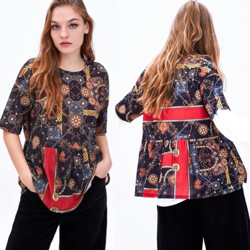Zara Trafaluc multicolor beautiful Moroccan pattern style peplum top. Size L